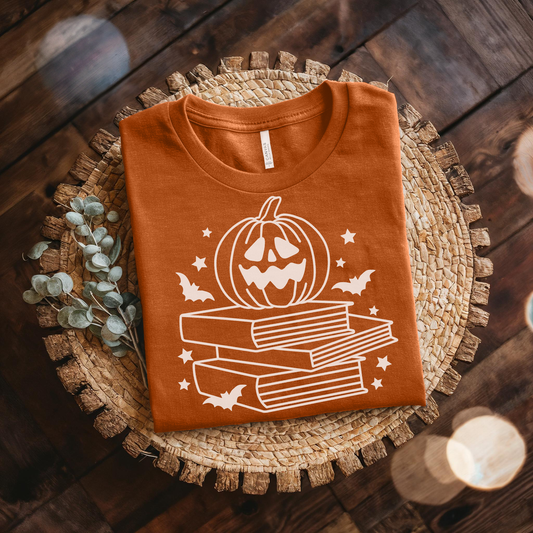 Short Sleeve Jack O' Lantern & Stacked Books T-Shirt